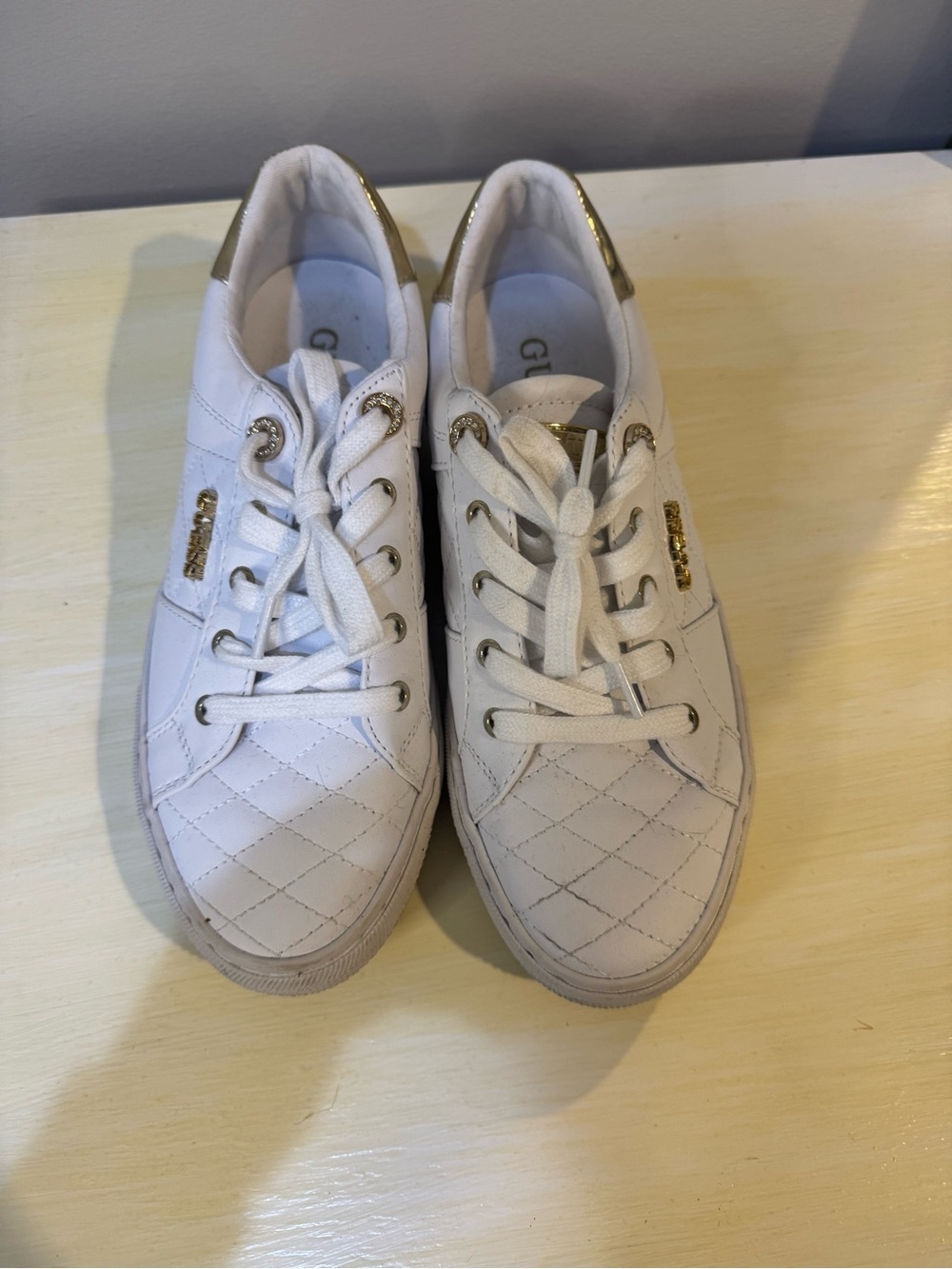 Guess White Quilted Sneakers with Gold Accents - Women's
